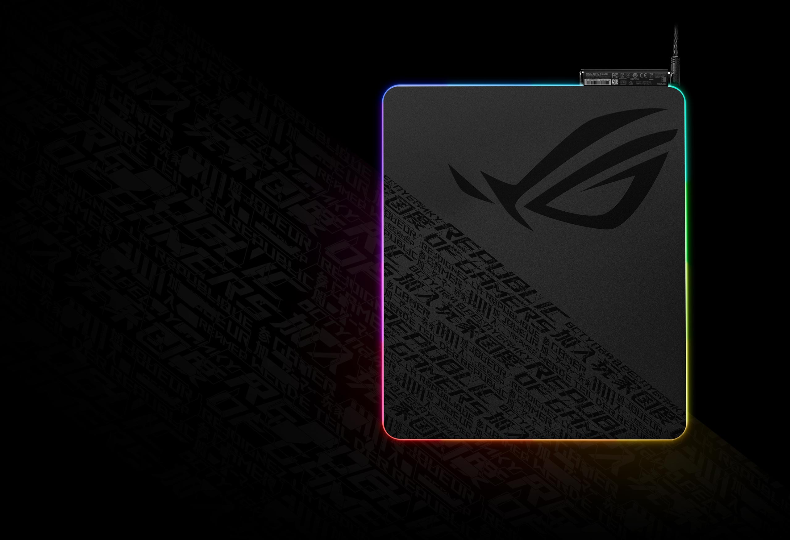 Underside view of ROG Balteus to show the ROG markings on its nonslip rubber base