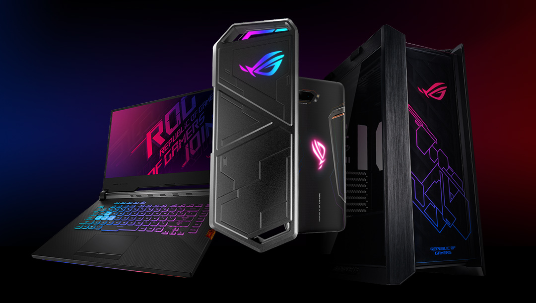 ROG STRIX ARION front view with a laptop, a desktop and a smartphones in the background