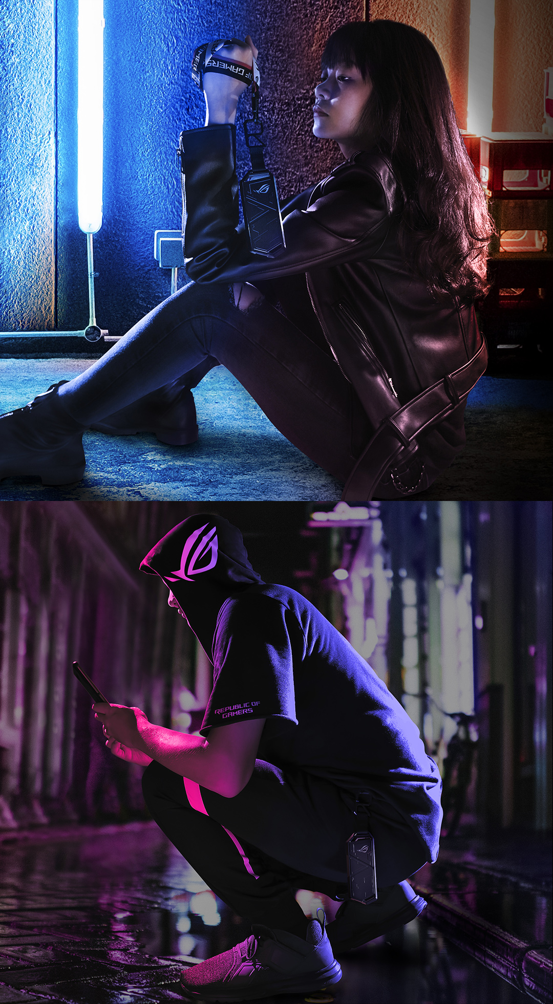 A man and woman bring the ROG Strix Arion on the streets thanks to the unique R-hook